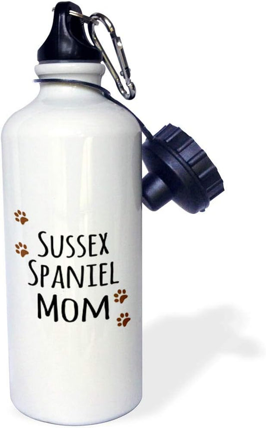 3dRose "Sussex Spaniel Dog Mom-Doggie by breed-muddy brown paw prints-doggy lover pet owner mama love" Sports Water Bottle, 21 oz, White