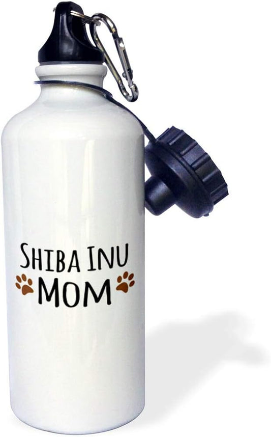 3dRose "Shiba Inu Dog Mom-Doggie by breed-muddy brown paw prints-doggy lover-proud pet owner mama" Sports Water Bottle, 21 oz, White