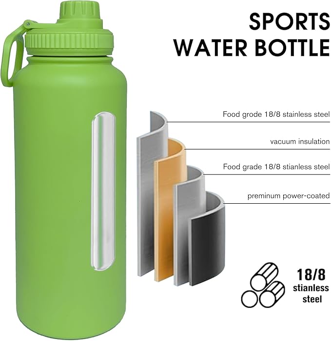 40oz Insulated Water Bottle ,Stainless Steel Sports Water Cup Flask with 2 Lids, Wide Mouth Travel Thermal Mug,Outdoor Sports Bottle(Lemon Green)