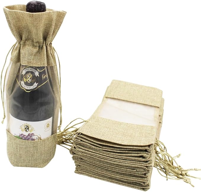 Burlap Drawstring Wine Bags, 12 Pcs Burlap Wine Bags with Sheer Window, Jute Wine Bags with Clear Window for Wedding, Party Favors, Christmas, and Holiday - Natural