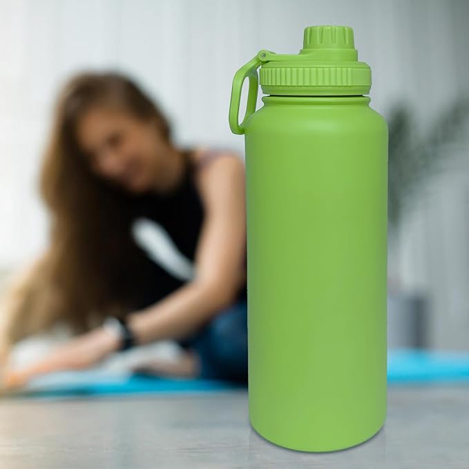 40oz Insulated Water Bottle ,Stainless Steel Sports Water Cup Flask with 2 Lids, Wide Mouth Travel Thermal Mug,Outdoor Sports Bottle(Lemon Green)