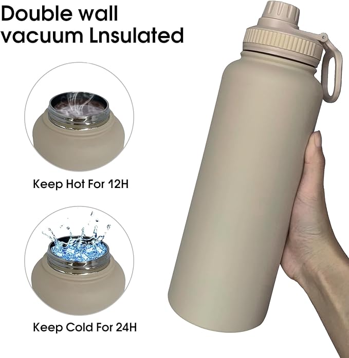 40oz Insulated Water Bottle ,Stainless Steel Sports Water Cup Flask with 2 Lids, Wide Mouth Travel Thermal Mug,Outdoor Sports Bottle(Cream apricot)