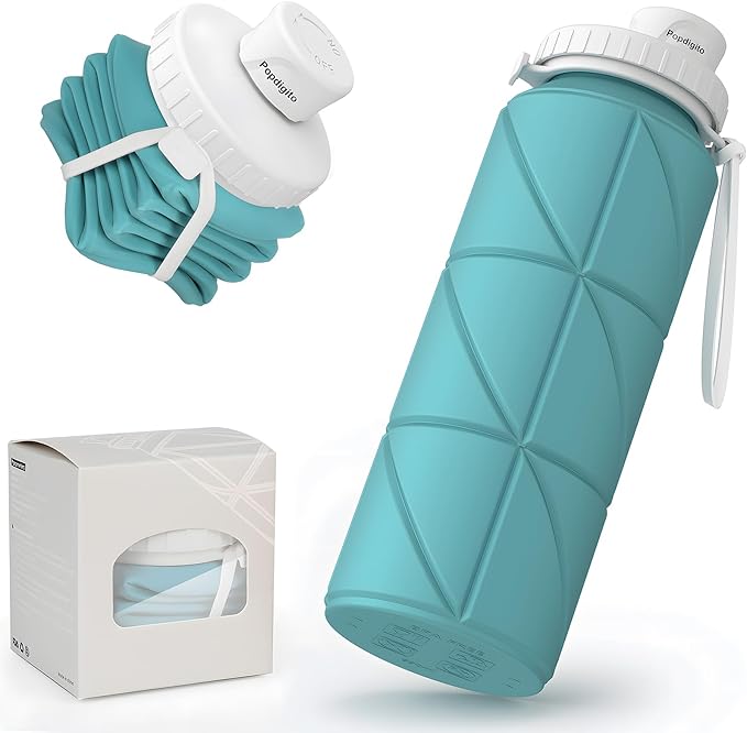 23oz Collapsible Silicone Water Bottle, BPA Free, Portable for Hiking, Travel, Camping, Yoga, Foldable, Leakproof, Lightweight, 690mL