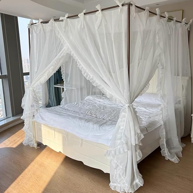 Elegant Modern Linen-Sheer Princess 4 Corner Post Mosquito Net Romantic for Girls Women Bed Curtain Canopy for Adult Wedding Bedroom Kids Rooms Decoration (Type4-White, California King)