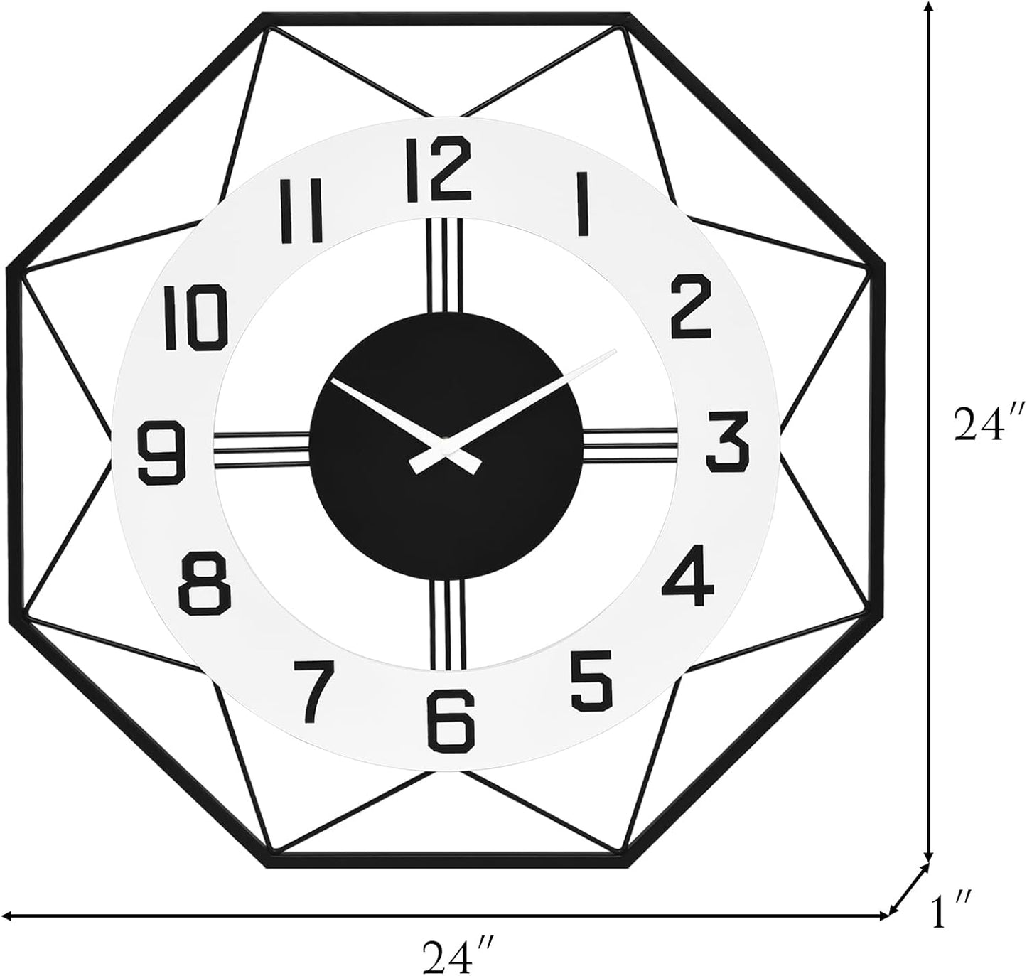 Modern Look Wall Clock – Large Decorative Silent Clock for Living Room Decor, 24 Inch Geometric Design with Numbers Huge Clock