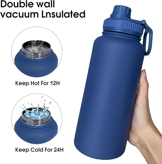 32oz Insulated Water Bottle ,Stainless Steel Sports Water Cup Flask with 2 Lids, Wide Mouth Travel Thermal Mug,Outdoor Sports Bottle(Dark Blue)
