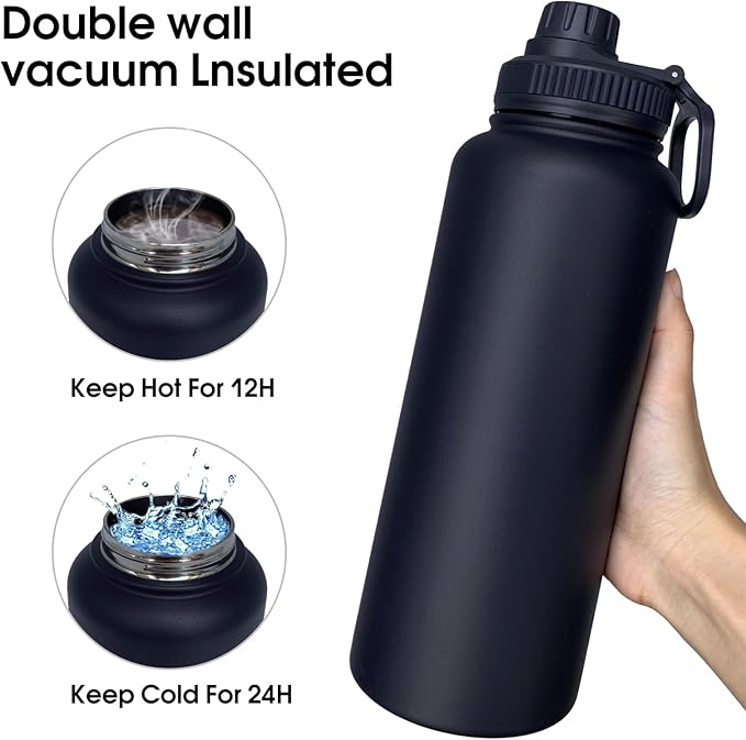 40oz Insulated Water Bottle ,Stainless Steel Sports Water Cup Flask with 2 Lids, Wide Mouth Travel Thermal Mug,Outdoor Sports Bottle(Blue Black)