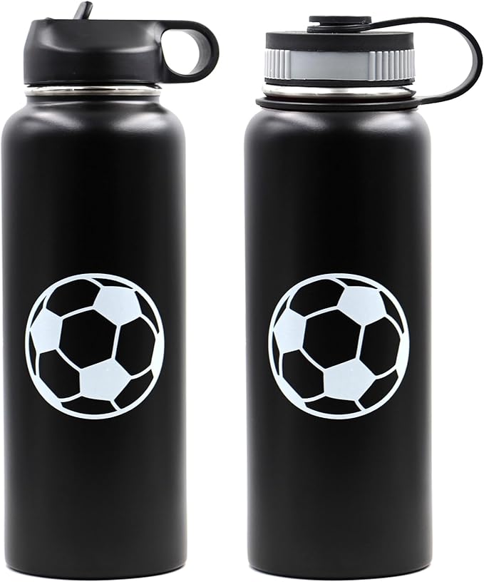 40 oz Soccer Water Bottle, Wide Mouth Travel Sports Flask with 2 Lids(Straw Lid+Flex Cap)BPA Free 18/8 Stainless Steel Double Wall Vacuum Insulated Water Bottles (40oz, Soccer)