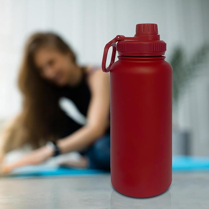 32oz Insulated Water Bottle ,Stainless Steel Sports Water Cup Flask with 2 Lids, Wide Mouth Travel Thermal Mug,Outdoor Sports Bottle(Deep red)
