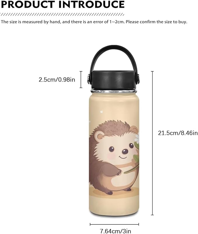 Hedgehog Workout Water Bottle For Women Men Insulated, 18 Oz Stainless Steel Water Bottle with Handle Suitable for Work School Gym Travelling