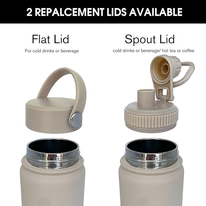 22oz Insulated Water Bottle ,Stainless Steel Sports Water Cup Flask with 2 Lids, Wide Mouth Travel Thermal Mug,Outdoor Sports Bottle(Cream apricot)