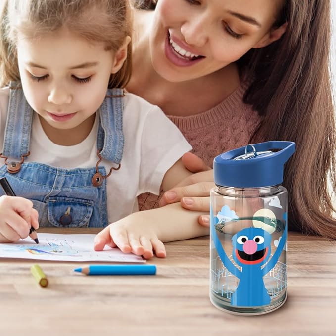 LOGOVISION Sesame Street Kids Tritan Plastic Water Bottle with Straw Lid and Handle, Reusable Tumbler for Toddlers, Unisex for Girls and Boys, 12oz, Big Grover
