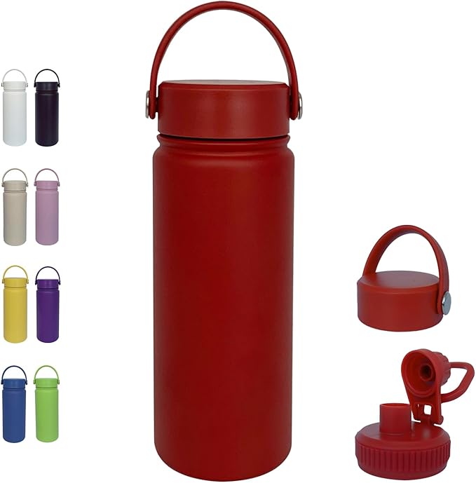 18oz Insulated Water Bottle ,Stainless Steel Sports Water Cup Flask with 2 Lids, Wide Mouth Travel Thermal Mug,Outdoor Sports Bottle(Deep red)