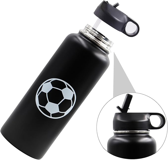 40 oz Soccer Water Bottle, Wide Mouth Travel Sports Flask with 2 Lids(Straw Lid+Flex Cap)BPA Free 18/8 Stainless Steel Double Wall Vacuum Insulated Water Bottles (40oz, Soccer)