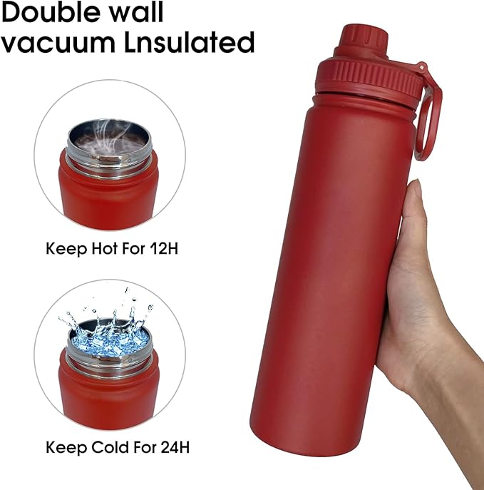 22oz Insulated Water Bottle ,Stainless Steel Sports Water Cup Flask with 2 Lids, Wide Mouth Travel Thermal Mug,Outdoor Sports Bottle(Deep red)