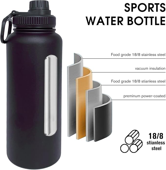 40oz Insulated Water Bottle ,Stainless Steel Sports Water Cup Flask with 2 Lids, Wide Mouth Travel Thermal Mug,Outdoor Sports Bottle(Blue Black)