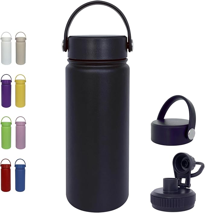 18oz Insulated Water Bottle ,Stainless Steel Sports Water Cup Flask with 2 Lids, Wide Mouth Travel Thermal Mug,Outdoor Sports Bottle(Blue Black)