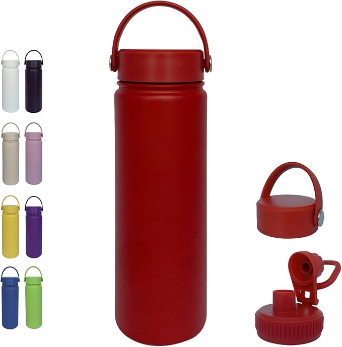 22oz Insulated Water Bottle ,Stainless Steel Sports Water Cup Flask with 2 Lids, Wide Mouth Travel Thermal Mug,Outdoor Sports Bottle(Deep red)