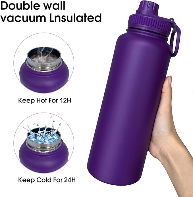 40oz Insulated Water Bottle ,Stainless Steel Sports Water Cup Flask with 2 Lids, Wide Mouth Travel Thermal Mug,Outdoor Sports Bottle(Purple)