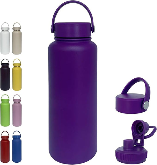 40oz Insulated Water Bottle ,Stainless Steel Sports Water Cup Flask with 2 Lids, Wide Mouth Travel Thermal Mug,Outdoor Sports Bottle(Purple)