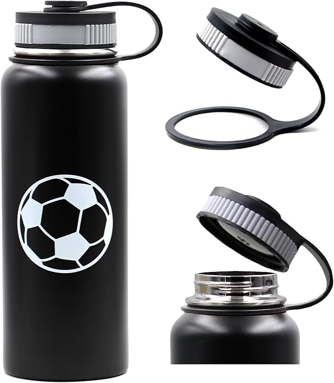 40 oz Soccer Water Bottle, Wide Mouth Travel Sports Flask with 2 Lids(Straw Lid+Flex Cap)BPA Free 18/8 Stainless Steel Double Wall Vacuum Insulated Water Bottles (40oz, Soccer)
