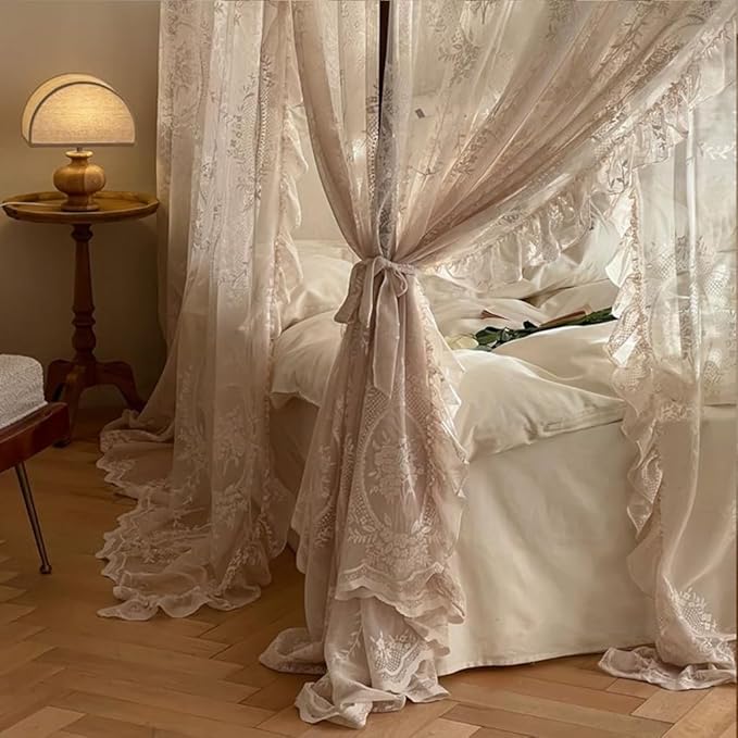 Elegant Lace Princess 4 Corner Post Mosquito Net Romantic for Girls Women Bed Curtain Canopy for Adult Wedding Bedroom Kids Rooms Decoration (Color-C, Full)