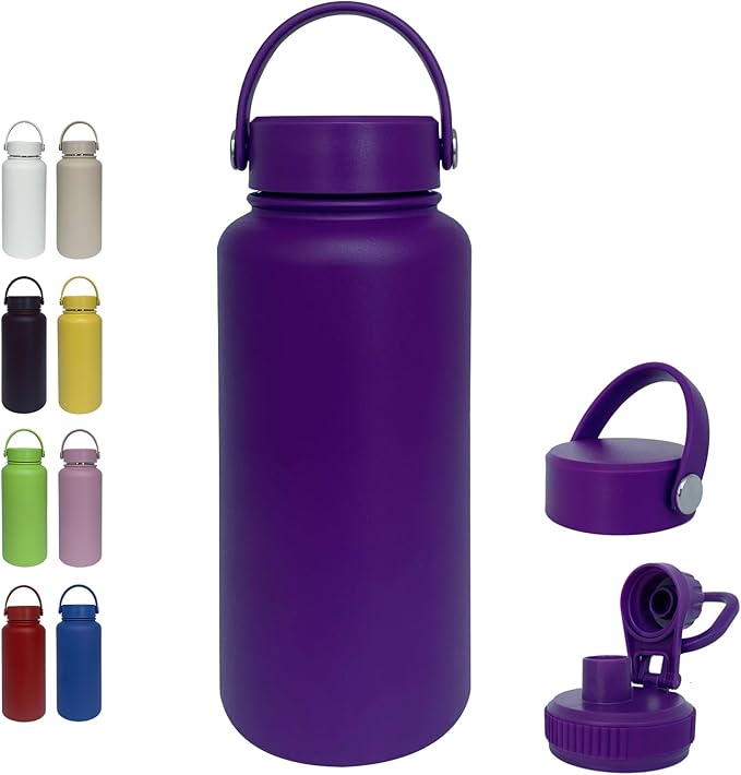 32oz Insulated Water Bottle ,Stainless Steel Sports Water Cup Flask with 2 Lids, Wide Mouth Travel Thermal Mug,Outdoor Sports Bottle(Purple)