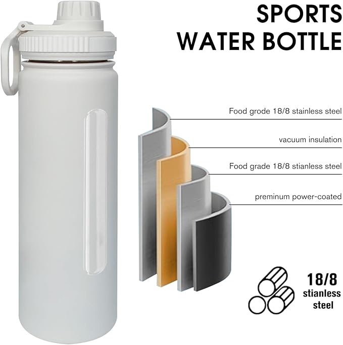 22oz Insulated Water Bottle ,Stainless Steel Sports Water Cup Flask with 2 Lids, Wide Mouth Travel Thermal Mug,Outdoor Sports Bottle(white)