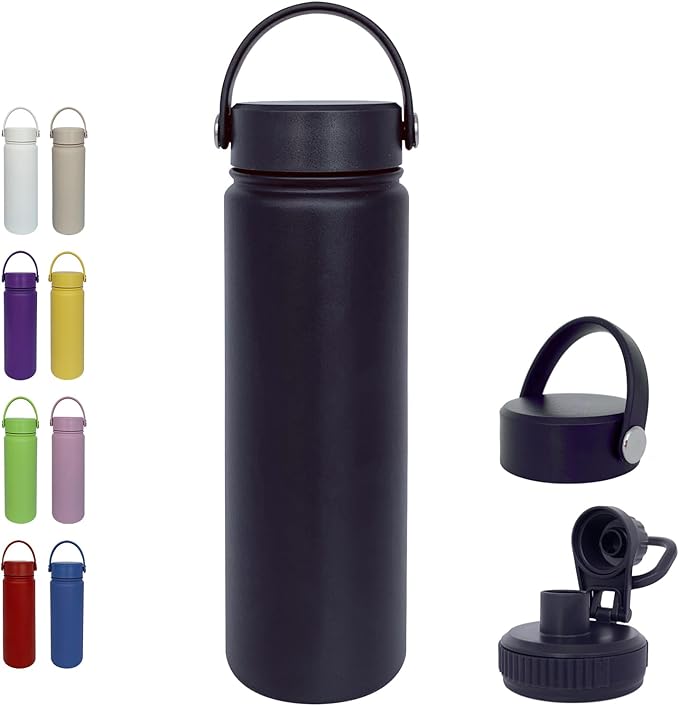 22oz Insulated Water Bottle ,Stainless Steel Sports Water Cup Flask with 2 Lids, Wide Mouth Travel Thermal Mug,Outdoor Sports Bottle(Blue Black)
