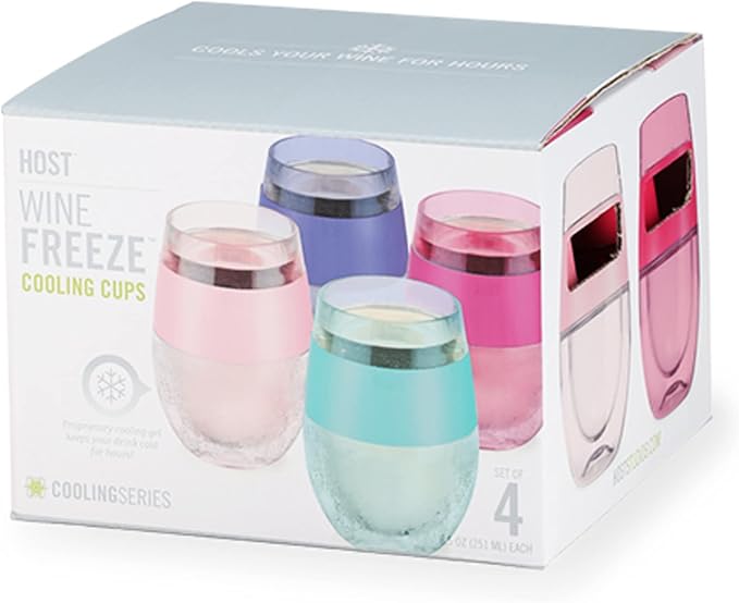 HOST Cooling Cup Set of 4 Plastic Double Wall Insulated Freezable Drink Chilling Tumbler with Freezing Gel, Wine Glasses for Red and White Wine, 8.5 oz, Assorted Translucent Colors