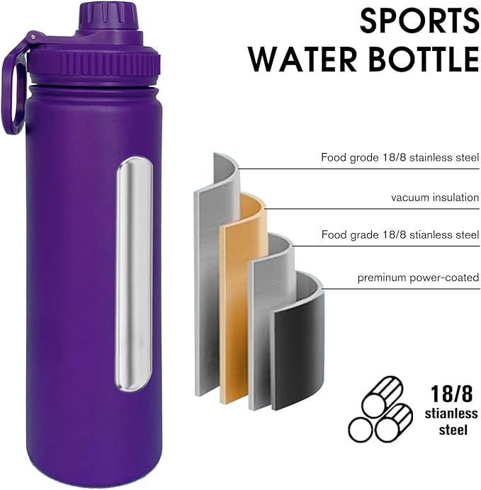 22oz Insulated Water Bottle ,Stainless Steel Sports Water Cup Flask with 2 Lids, Wide Mouth Travel Thermal Mug,Outdoor Sports Bottle(Purple)
