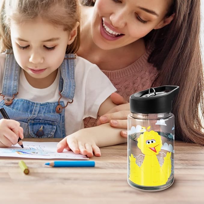 LOGOVISION Sesame Street Kids Tritan Plastic Water Bottle with Straw Lid and Handle, Reusable Tumbler for Toddlers, Unisex for Girls and Boys, 12oz, Big Bird