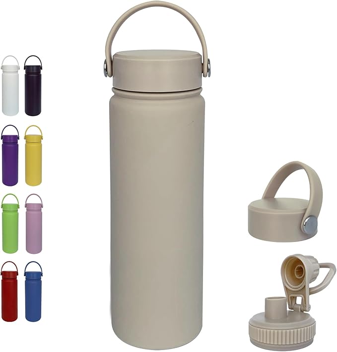 22oz Insulated Water Bottle ,Stainless Steel Sports Water Cup Flask with 2 Lids, Wide Mouth Travel Thermal Mug,Outdoor Sports Bottle(Cream apricot)