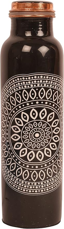Pure Copper Water Bottle - Handcrafted - Ayurveda health benefits - Large 35 oz - Leak proof - Easy to carry for Sports, Fitness, Yoga, School - Ethnic Rangoli Inspired Black Base Enamel