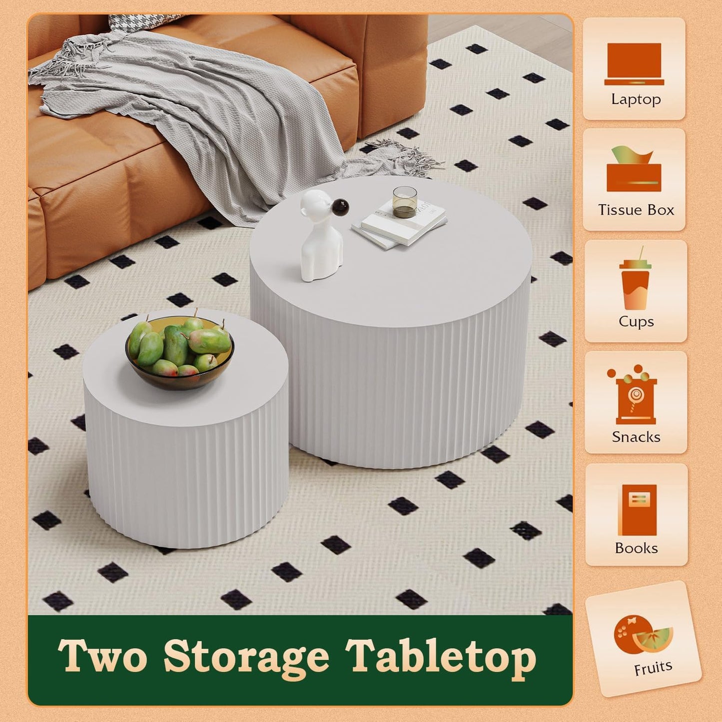 Round Nesting Coffee Table Modern Fluted Coffee Table Set of 2 Circle Drum Coffee Tables Small Round Accent Side End Table for Living Room No Assembly (White A 27in)