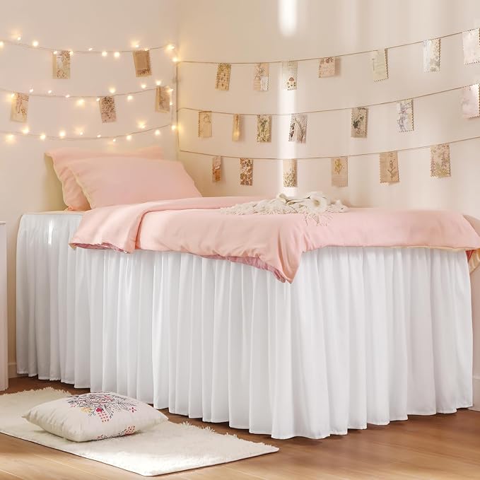 RIMELA Dorm Bed Skirt Twin XL 25 Inch Drop, Extra Long Wrap Around Elastic Bed Skirts Easy to Put On Twin Size Dust Ruffle, White Bedskirt for Adjustable Bed Base Solid Silky Fabric Machine Washable