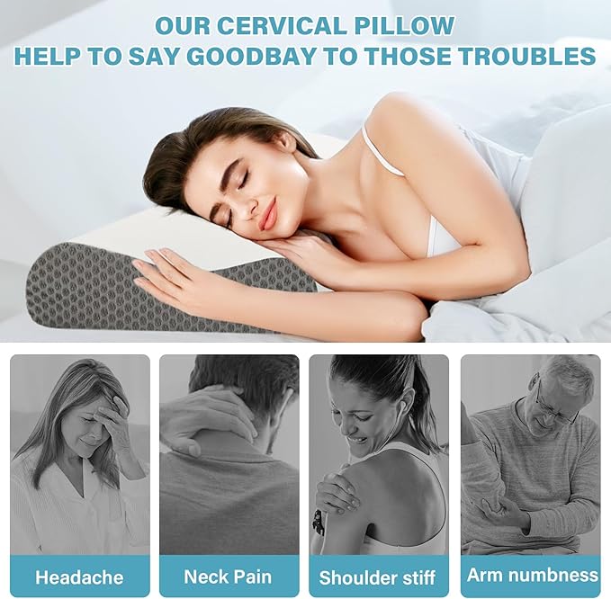 2 Pack Memory Foam Cooling Bed Pillows for Sleeping, Ergonomic Cervical Pillow for Neck and Shoulder Pain Relief, Adjustable Cold Pillow Set of 2,with Pillowcase (Grey)