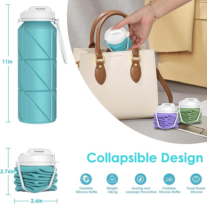 4 pack Collapsible Water Bottles Reusable Leakproof Silicone Water Bottle BPA Free Durable Foldable Sports Bottles & straw 23oz Lightweight Bottle