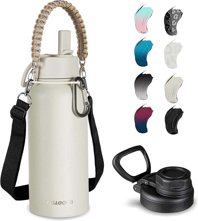 40 oz Insulated Water Bottle with Paracord Handles & Strap, 2 Lids(Straw Lid&Spout Lid), Stainless Steel Reusable Wide Mouth Metal Water Bottle With Straw, Double Walled, Thermo Mug(Cream)