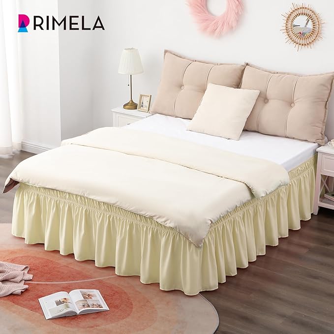 RIMELA Bed Skirt Queen Size 15 Inch Drop, Wrap Around Elastic Bedskirt Solid Microfiber Luxury Hotel Quality Fabric, Easy to Install Machine Washable Wrinkle & Fade Resistant, Beige Yellow