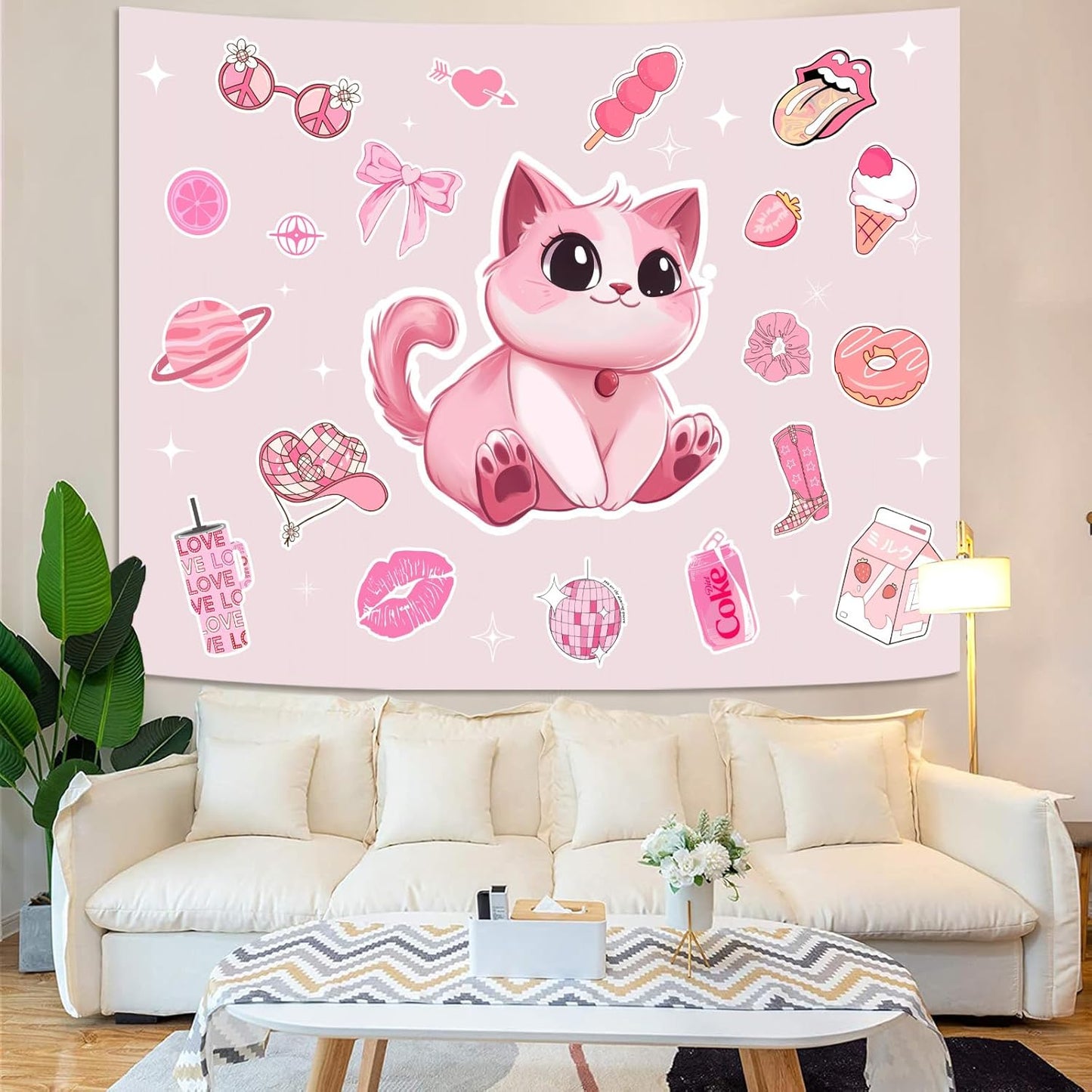 Lunerfex Y2K Tapestry Pink Cat Wall Tapestry, Cute Tapestries for Bedroom Funny Tapestries Wall Hanging for Bedroom Living Room Decor Pink-5 44"x60"