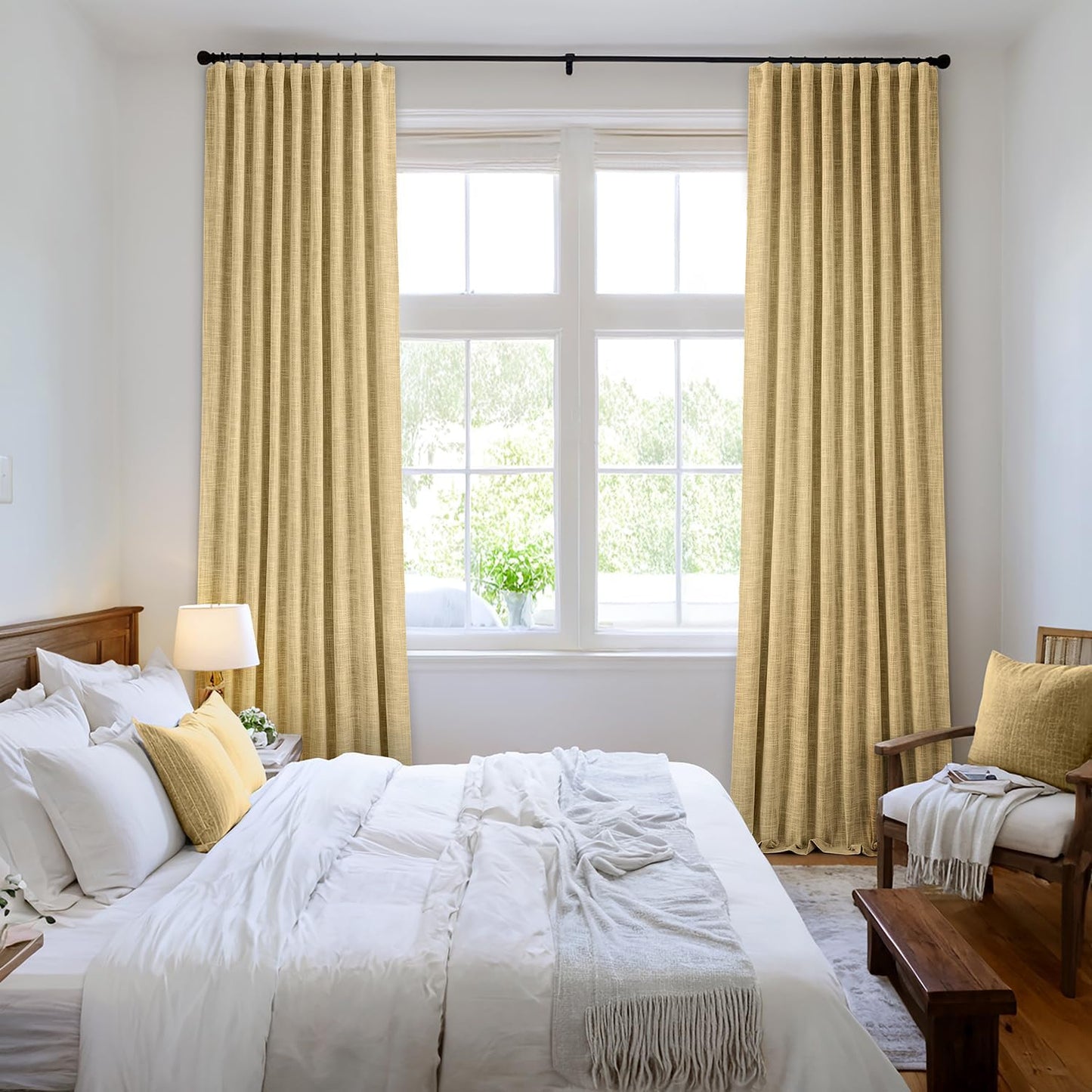 MIULEE Yellow 100% Blackout Linen Curtains 90 Inch 2 Panels Set Double Sided No Coating Pleated Back Tab Black Out Long Thermal Insulated Pinch Pleat Bedroom Living Room Darkening Window Drapes