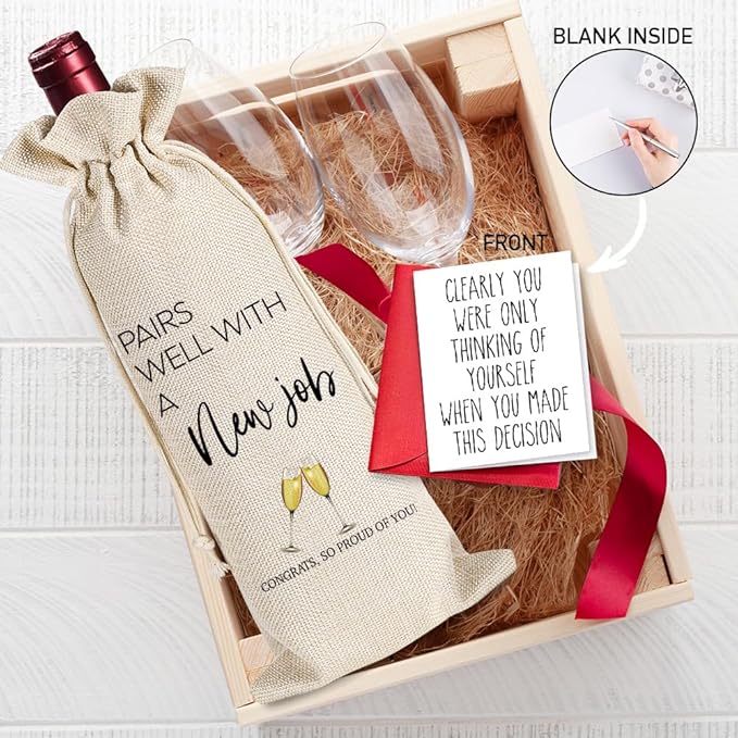 YAANUNULU New Job Gifts for Coworkers, Colleague Going Away Gifts for Women Men, Congrats on New Job, Promotion Gift, Pairs Well With a New Job Wine Bag, 1 Wine Bag With 1 Funny New Job Card