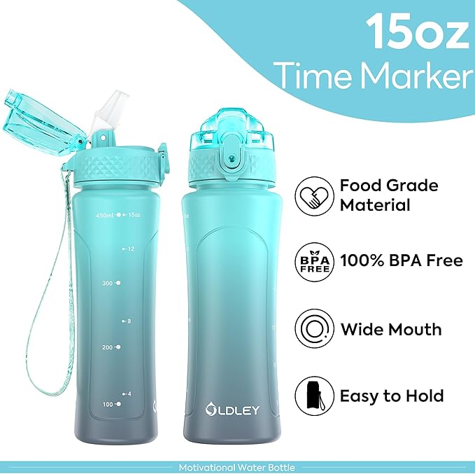 OLDLEY Kids Water Bottle with Straw 15 oz BPA-Free Leak-Proof Motivational Water Bottles with Time Marker for School Sports Travel Gym, Easy to Use for Girls Goys, 1 Straw Lid, Blue Grey