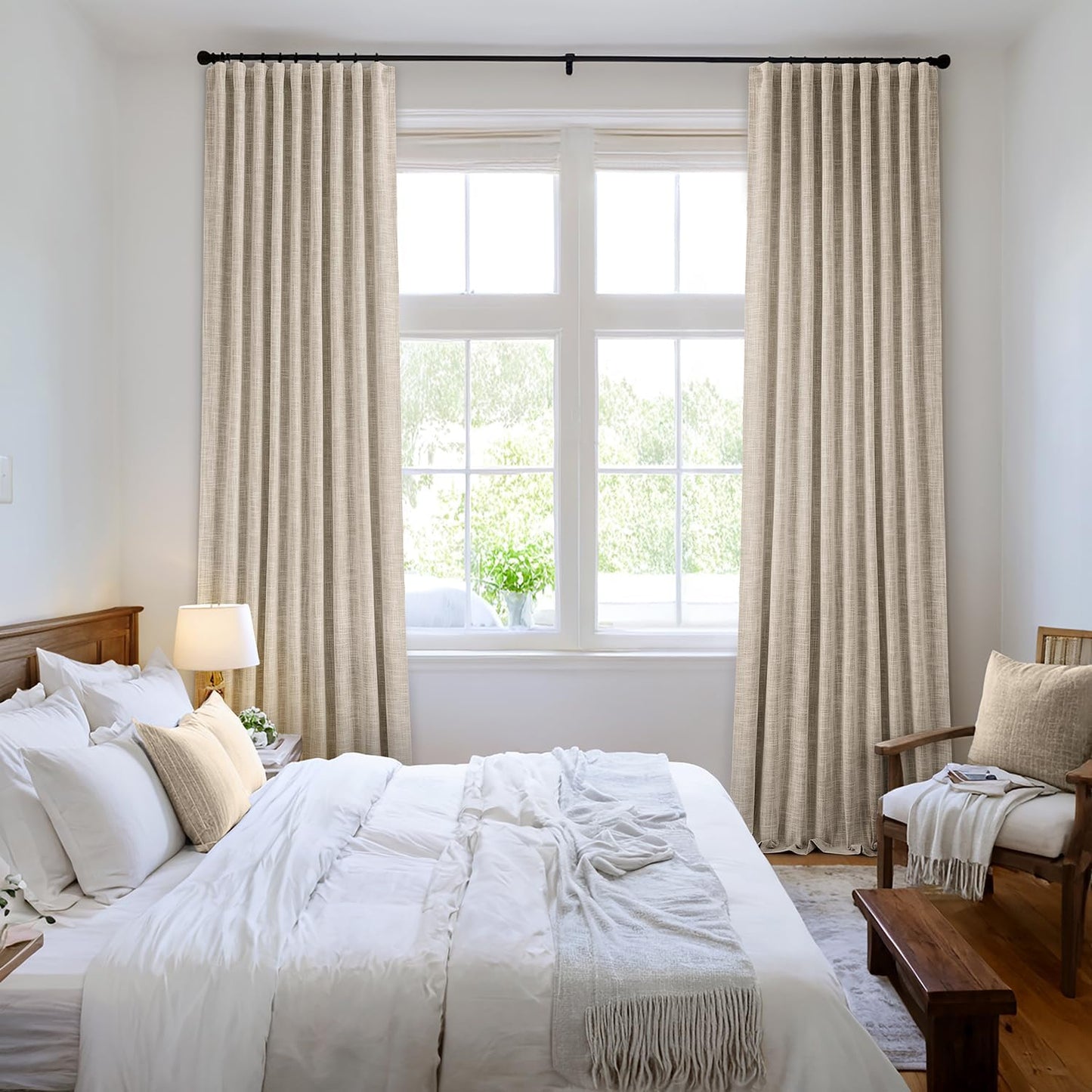 MIULEE Beige 100% Blackout Linen Curtains 84 Inch 2 Panels Set Double Sided No Coating Pleated Back Tab Black Out Long Thermal Insulated Pinch Pleat Bedroom Living Room Darkening Window Drapes