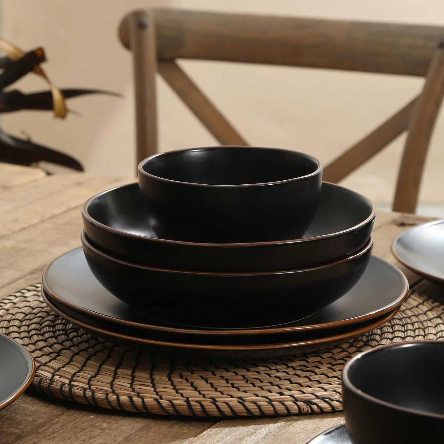 Stone Lain Brasa Stoneware 32 Piece Dinnerware, Plates and Bowls Sets for 8, Black, Glossy Rustic-Chic Design, Microwave & Dishwasher Safe