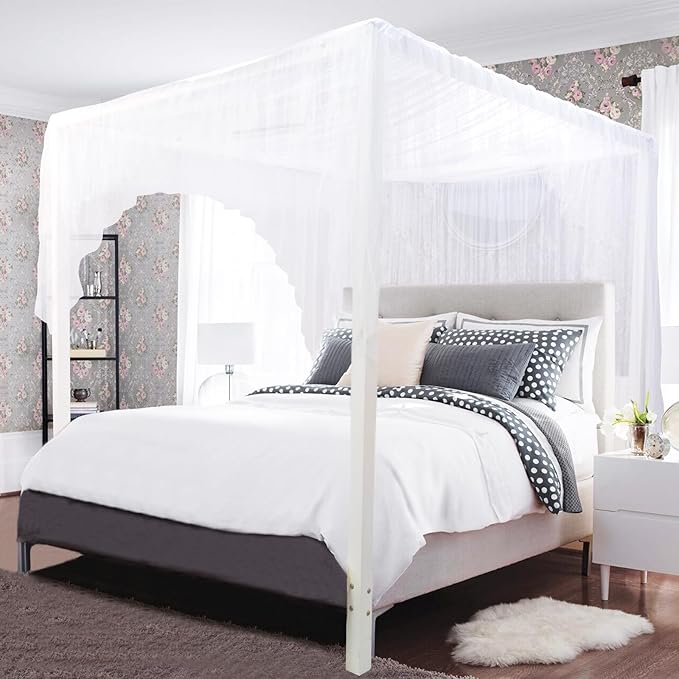 South to East White Canopy Bed Curtains, 4 Corner Post Bed Canopy, Top Elegant Bed Drapes for Bedroom Decor, 75D Polyester Mesh, Easy Install, Bed Curtain for King/Queen/Full Size
