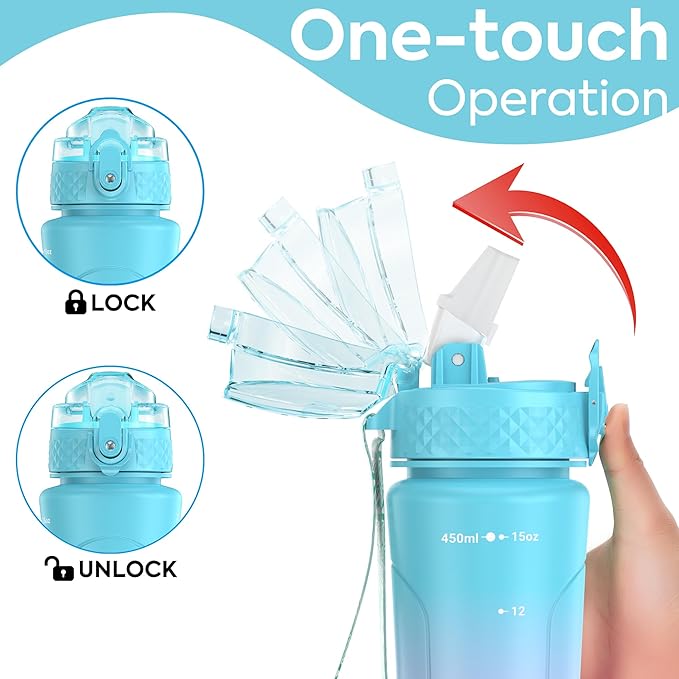 OLDLEY Kids Water Bottle for School with Straw Chug Lid, 15 oz Unbreakable Leak-Proof BPA-Free Motivational Water Bottles with Time Marker for Travel Sports Gym, Blue Purple