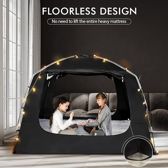 Bed Tent Bed Canopy Portable Full Size Dream Tents 4 Doors 4 Mesh 80% Blackout - Indoor Breathable Sleeping Tents Privacy Space Tents for Adult with String Light
