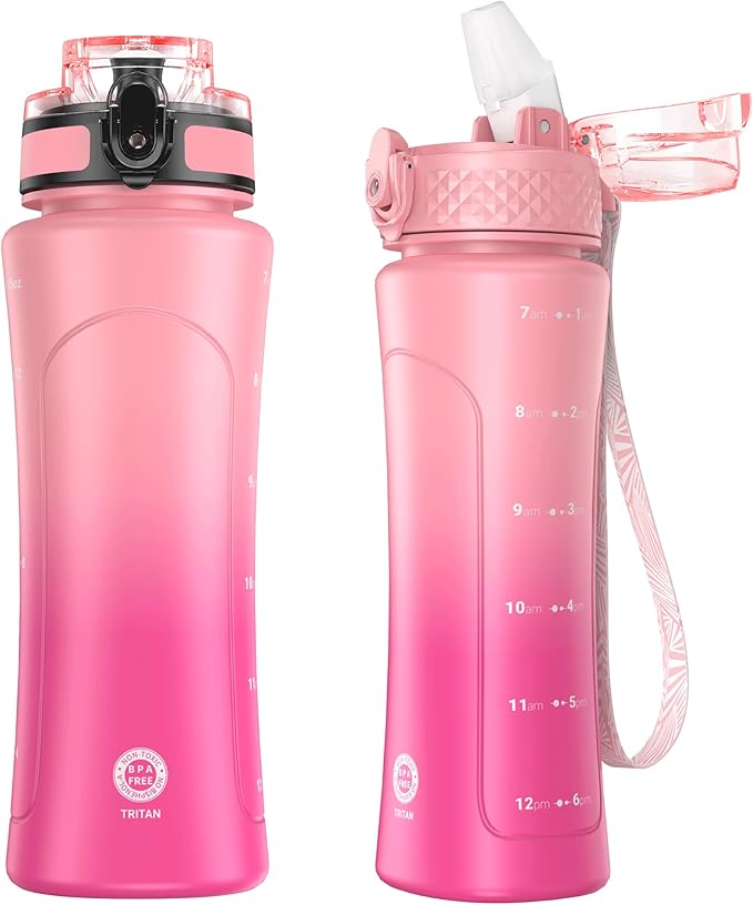 OLDLEY Kids Water Bottle for School with Straw Chug Lid, 15 oz Unbreakable Leak-Proof BPA-Free Motivational Water Bottles with Time Marker for Travel Sports Gym, Pink Purple